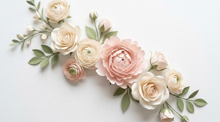 Elegant arrangement of handmade paper flowers in shades of cream and pastel pink with green leaves creating beautiful botanical corner decor on white wall background.