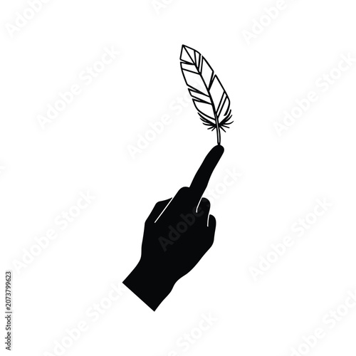 Obraz na plátně Hand silhouette balancing feather on fingertip in minimalist monochrome style fo