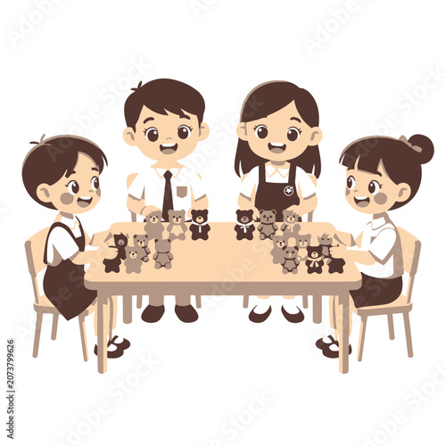 Children playing with teddy bears at a table