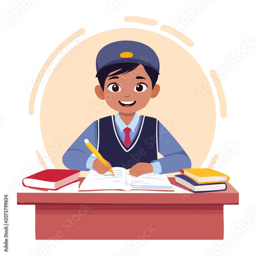 Cartoon student boy studying at desk with books