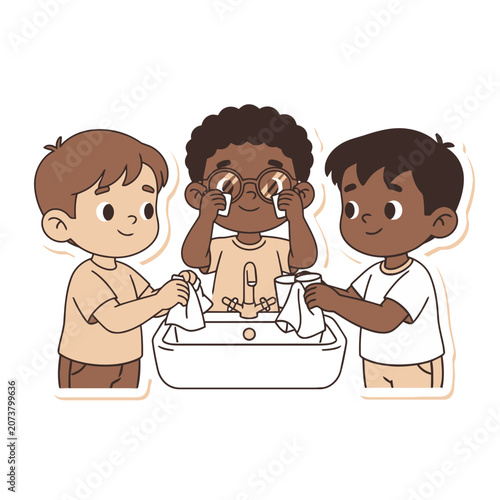 Children washing hands at sink flat vector illustration