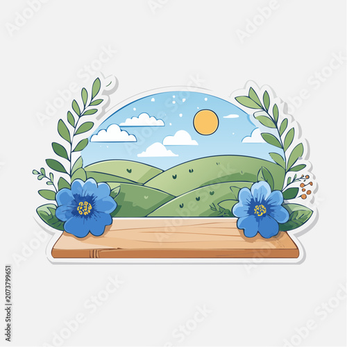 Spring Landscape with Flowers and Wooden Shelf