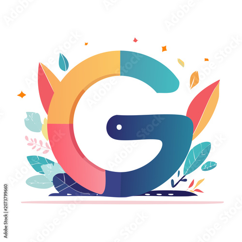 Stylized Letter G with colorful leaves and abstract shapes