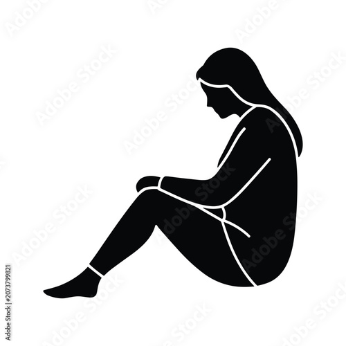 Schilderij op canvas Grieving female silhouette hunched in sorrow on stark white background in minima