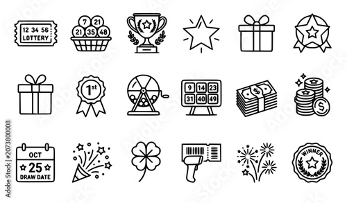 Photos Thin Linear Lottery Icons Set with Lucky Draw Prize and Raffle Symbols Vector Co