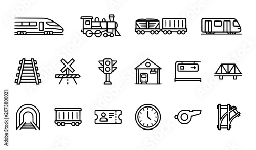 Obraz na plátně Railway Industry Outline Icon Collection with Train Transport and Railroad Infra