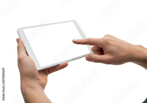 extreme macro of clean male hands holding a sleek digital tablet with a blank white screen, index finger poised to tap, isolated high-key studio background with bokeh. concept of professional digital
