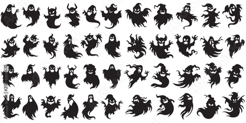 Tableau sur toile Halloween spooky ghost silhouettes mega set with scary and funny faces vector il
