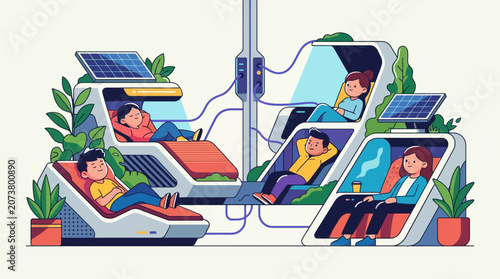 Futuristic Solar-Powered Nap Pods Illustration for Wellness and Sustainability Concepts