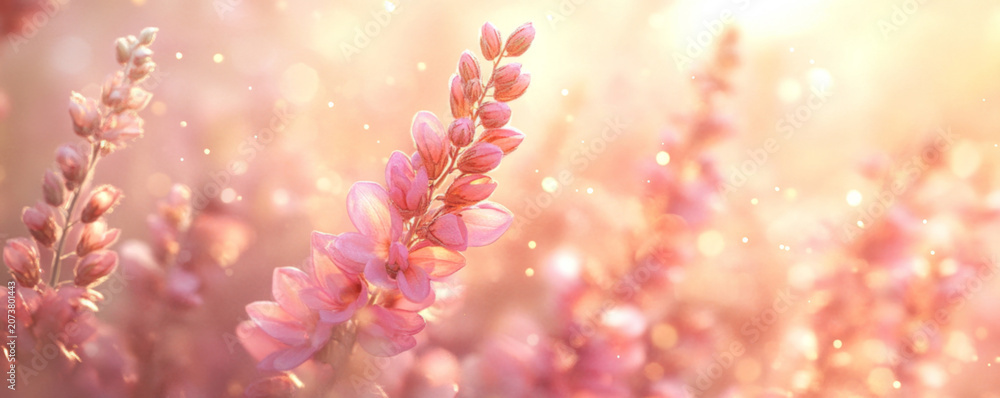 Fototapeta premium Dreamy Floral Banner with Glowing Light and Soft Bokeh