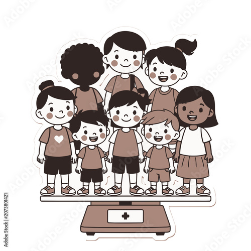 Flat illustration of children standing on a scale