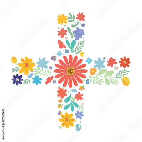Floral cross illustration with colorful flowers and leaves
