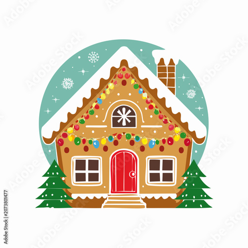 Gingerbread House Decorated with Christmas Lights and Snowflakes