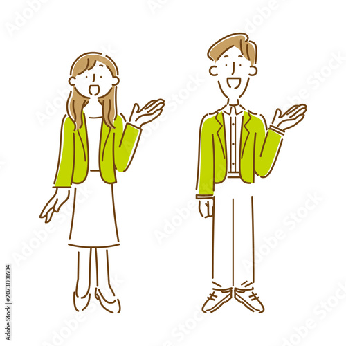 笑顔で案内をする男性と女性の会社員のシンプルな全身イラスト素材セット