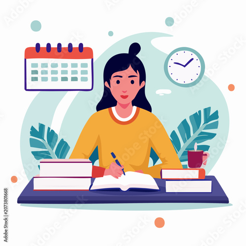 Student studying at desk with books, calendar, and clock