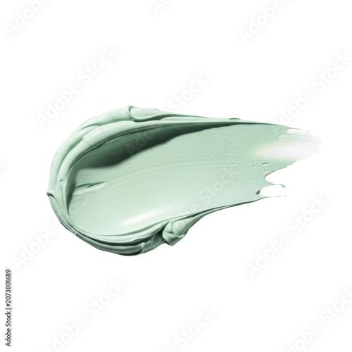 Hyper-realistic macro detail of a thick, pale mint-green cosmetic clay mask smear, textured and isolated on a transparent background with a dramatic shadow. High-end beauty product concept