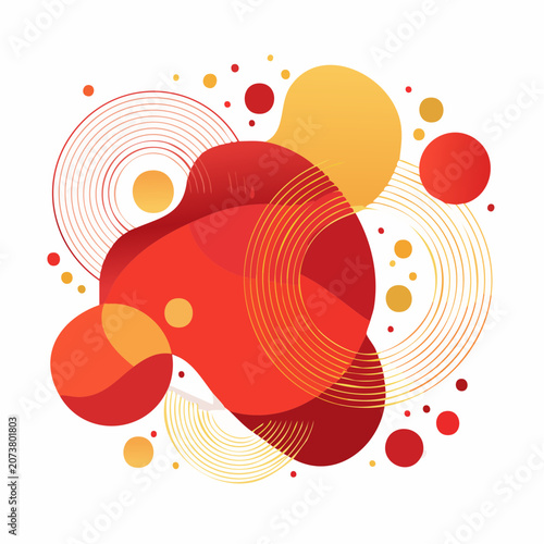 Abstract Fluid Shapes with Circles and Dots in Red and Yellow