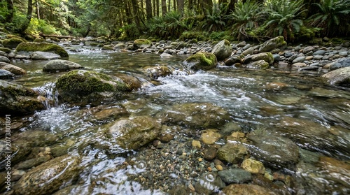 Crystal Clear Mountain Stream Flowing Over Ancient Mossy River Rocks in a Lush Pacific Forest