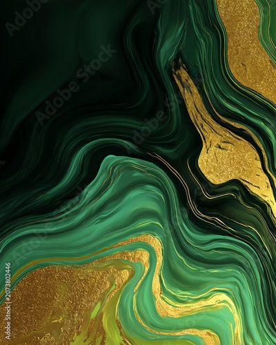 Emerald and Gold Flowing Abstract Liquid Marble Background