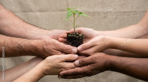 Diverse hands holding a small green plant sprout together for environmental protection and growth