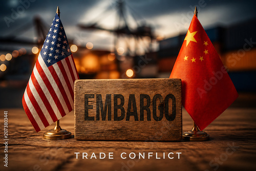 American and Chinese flags flank a wooden sign reading EMBARGO in a dimly lit setting.