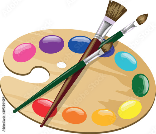 Obraz na plátně Wooden artist palette with colorful acrylic paint drops and paintbrushes, creati