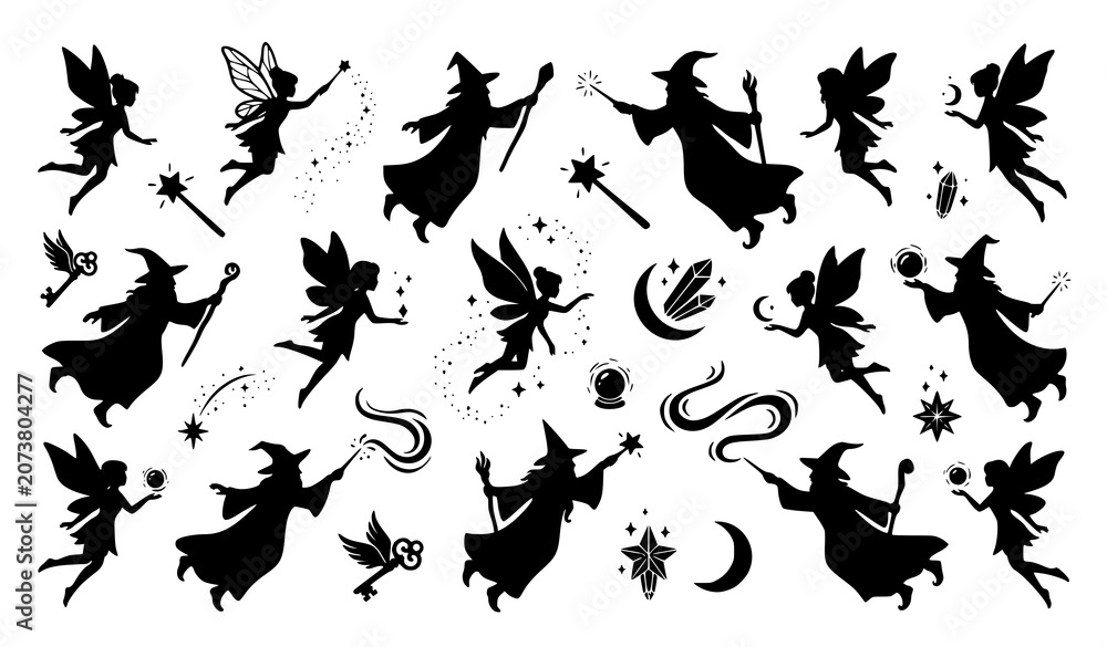 Fototapeta premium Flying Fairies and Wizard Magic Silhouette Collection Fantasy Adventure Vector Icons Isolated on White