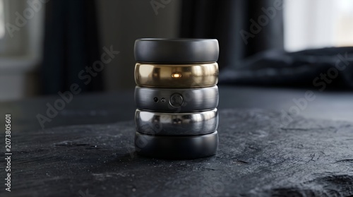 Smart ring collection in various metallic finishes, stack of wearable health trackers on dark stone, luxury biometric rings for fitness monitoring
