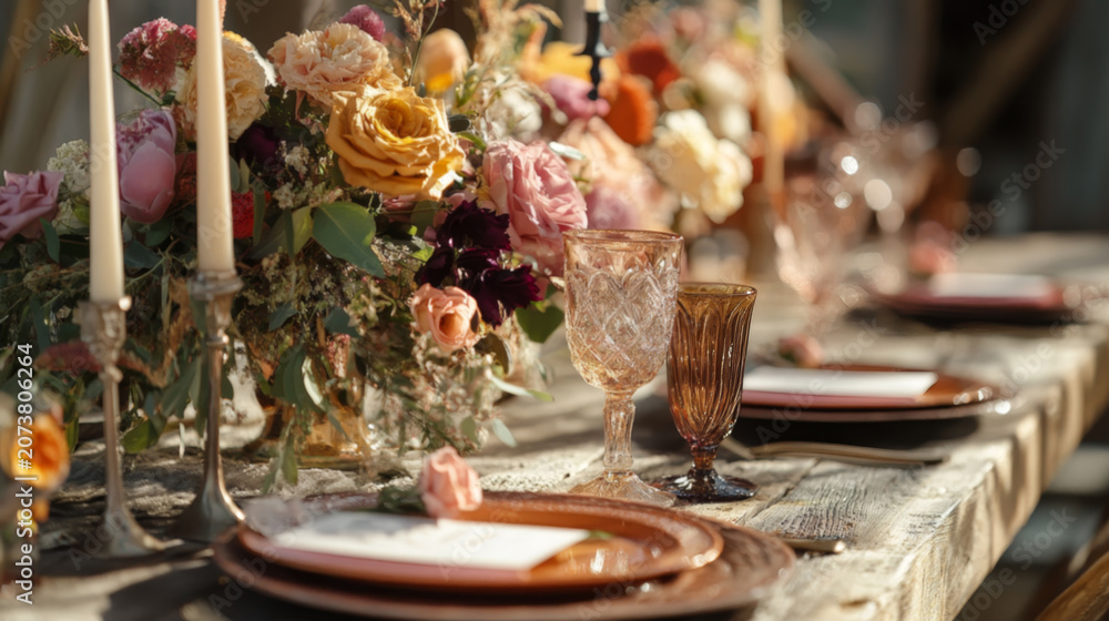 Fototapeta premium Elegant table setting with floral centerpiece and candles