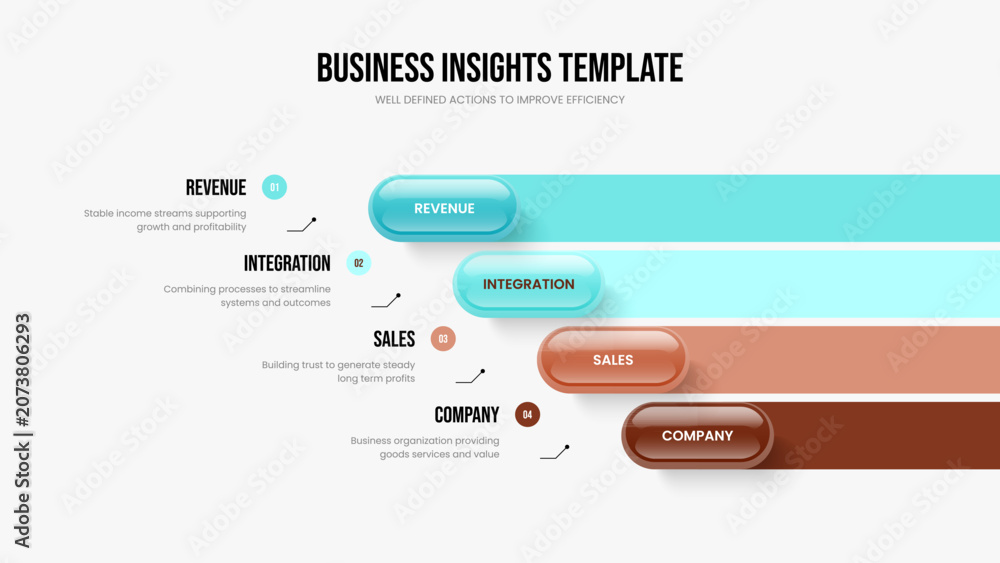Naklejka premium Visual Growth 4 Step Diagram Slide Design. Modern Review Four Option Infographic Presentation Template. Investor Launch Slideshow Layout Vector Illustration.