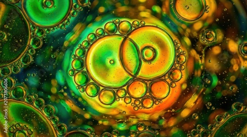Abstract macro background of colorful green and yellow oil drops in water