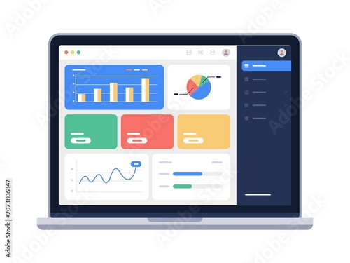Business Data Dashboard with Charts and Analytics Flat Vector Illustration
