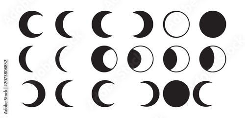 Schilderij op canvas Lunar Cycle Moon Phases Icons in Black and White Silhouette Style