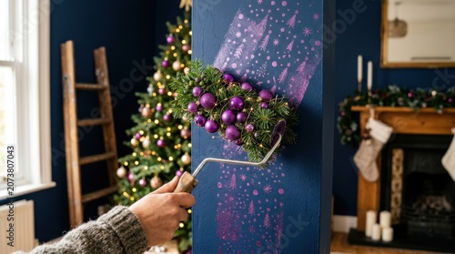 Person holding rustic holiday wreath in cozy living room interior