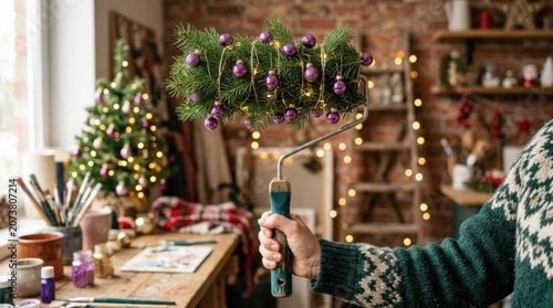 Rustic holiday christmas wreath on wooden table in cozy room