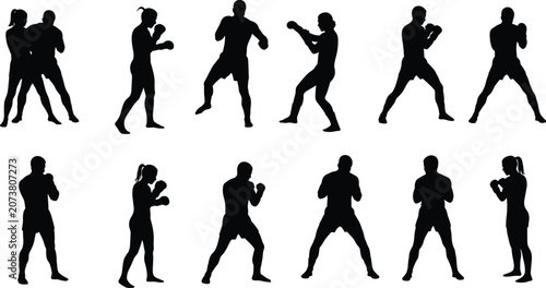 Bild auf Leinwand Boxing silhouette, male female fighters, combat training, punching stance, marti