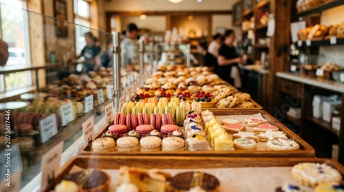 Assortment of fresh pastries and macarons in a bakery display case