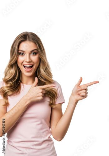 radiant early 20s blonde woman in pastel t-shirt pointing right with both fingers on a bright high-key white studio background with ample copy space. concept for directional commercial promotion