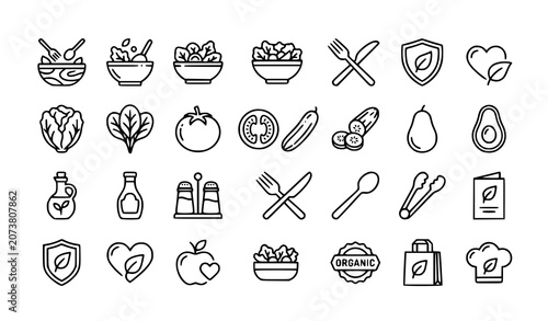 Photos Healthy salad and nutrition vector icon bundle with editable outline symbols