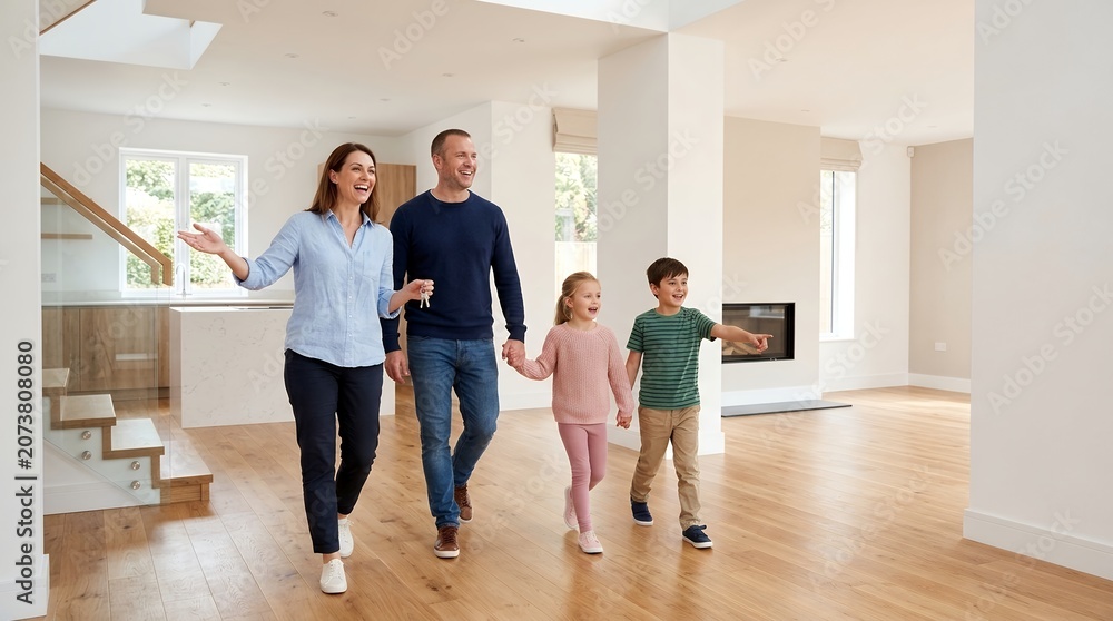 Fototapeta premium Happy family with children exploring their new modern home interior.