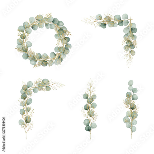 detailed flat lay of four elegant watercolor eucalyptus elements with luxurious metallic gold foil accents on a transparent background. concept for sophisticated wedding design
