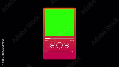 Vertical animated audio player interface overlay animation on a transparent background, Music playback UI with progress bar and green screen album placeholder on a transparent background
