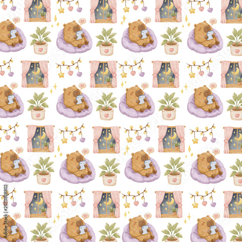 Cute Cozy Relaxing Capybara Watercolor Seamless Pattern Background with Books Coffee Hearts and Home Decor