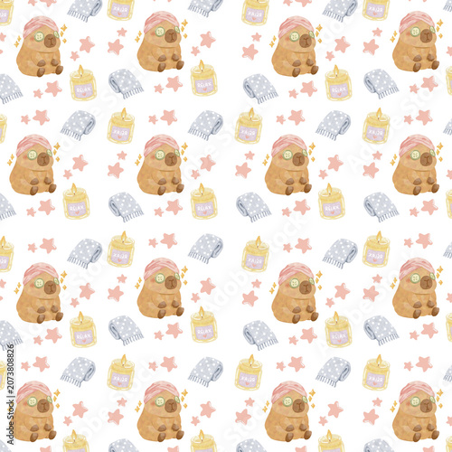 Cute Cozy Relaxing Capybara Watercolor Seamless Pattern Background with Books Coffee Hearts and Home Decor