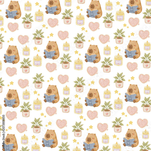 Cute Cozy Relaxing Capybara Watercolor Seamless Pattern Background with Books Coffee Hearts and Home Decor