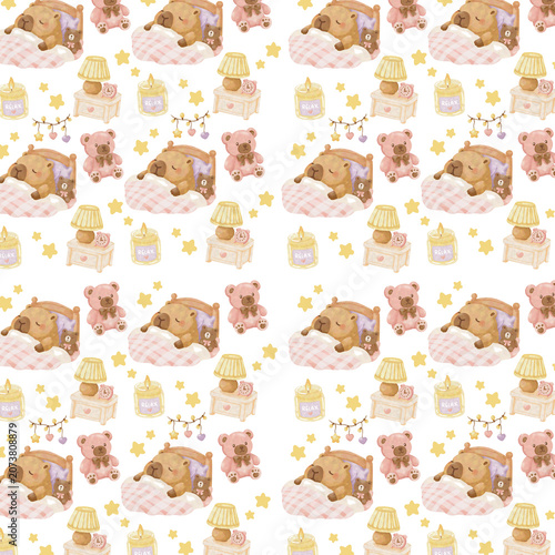 Cute Cozy Relaxing Capybara Watercolor Seamless Pattern Background with Books Coffee Hearts and Home Decor