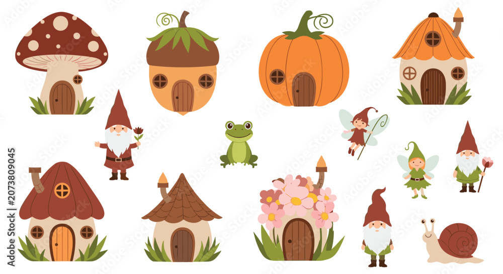 Obraz premium Enchanting set of fairytale themed items featuring gnome houses, mushrooms, snails, frogs, and fairies for magical storybook illustrations.