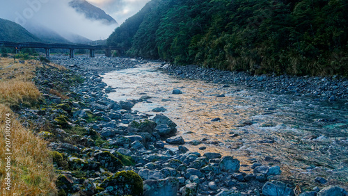 Looking north up the Bealey river towards a railway bridge, Arthur's Pass, New Zealand.