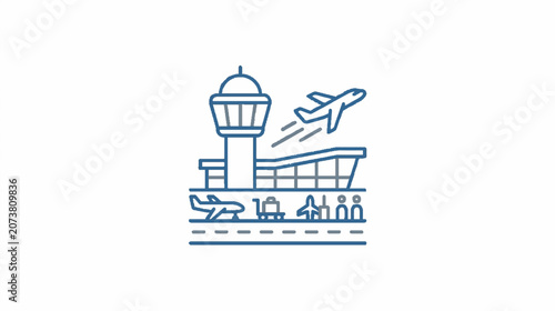 Airplane Taking Off Near Airport Control Tower in Halftone Art