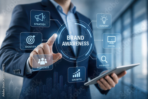 Brand awareness digital marketing concept with businessman touching virtual interface showing strategy audience identity growth content visibility and digital icons, modern office background
